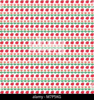 Seamless pattern with cartoon red apples and pink tulips flowers on white background. Flat vector illustration, banner, poster, template, wrapping pap Stock Vector