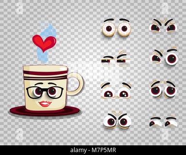 Emoji cup in glasses with eyes set for creation comic character. Cheerful doodle steaming mug with cute cartoon female smiling face. Vector illustrati Stock Vector