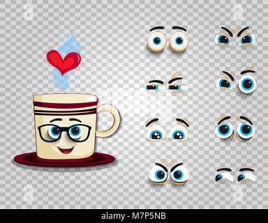 Emoji cup in glasses with eyes kit for creating comics character. Adorable doodle steaming mug with cute cartoon smiling face. Vector illustration, ic Stock Vector