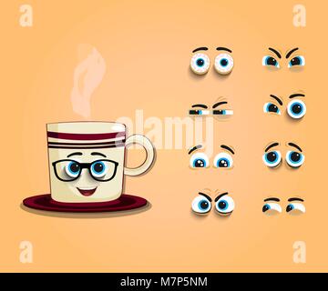Cute cartoon steaming cup with set of eyes for creating character with different face expressions. Vector illustration, icon, clip art. Stock Vector