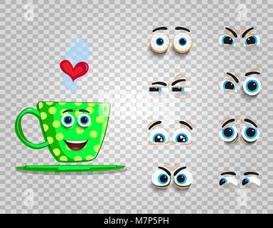Cute emoji set of green cup with changeable eyes collection.  Doodle steaming coffee mug with cartoon face and heart for creation character with diffe Stock Vector