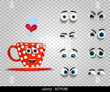 Cute emoji set of red cup with changeable eyes collection.  Doodle steaming coffee mug with cartoon face and heart for creation character with differe Stock Vector