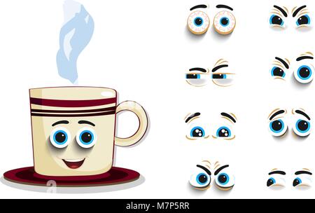 Cute cartoon steaming cup with set of eyes for creating character with different face expressions. Vector illustration, icon, clip art. Stock Vector