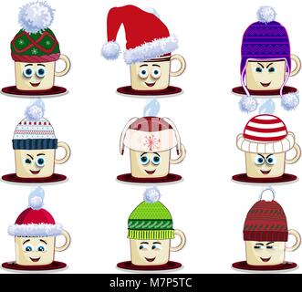 Colored beautiful doodle steaming cups characters with cute cartoon faces dressed in funny knitted hats. Hot coffee and tea. Vector illustration, icon Stock Vector