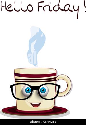 Cute cartoon smiling cup in glasses with blue sleepy streaked eyes and text Hello Friday isolated on white background. Vector illustration, icon, clip Stock Vector