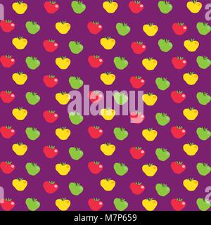 Seamless abstract pattern with cartoon red, yellow and green apples on violet or purple background. Flat vector illustration, banner, poster, template Stock Vector