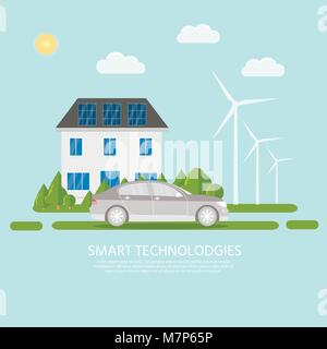 Green modern house with solar panels, wind turbine and smart car. Eco friendly alternative energy. Ecosystem infographics. Flat vector illustration. Stock Vector