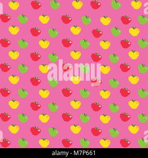 Seamless abstract pattern with cartoon red, yellow and green apples on  pink  background. Vector illustration, banner, poster, template, wrapping pape Stock Vector