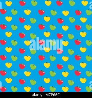 Seamless abstract pattern with cute cartoon red, yellow and green apples on  blue background. Vector illustration, banner, poster, template, wrapping  Stock Vector