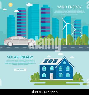 Green modern house with solar panels, wind turbine and smart car. Eco friendly alternative energy. Ecosystem infographics. Flat vector illustration. Stock Vector
