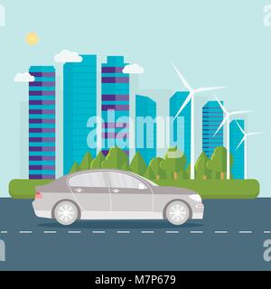Green modern house with solar panels, wind turbine and smart car. Eco friendly alternative energy. Ecosystem infographics. Flat vector illustration. Stock Vector