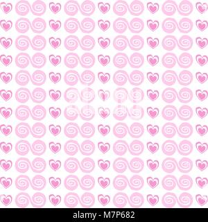 Cute seamless pattern with rose cartoon hearts and spirals on white background. Vector illustration, template. Stock Vector