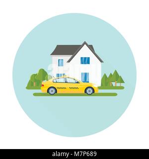 Machine yellow cab and eco house. Public taxi service concept. Home on the background. Flat vector illustration. Stock Vector
