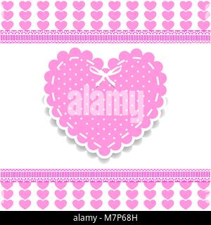 Valentine's, love wedding or baby girl shower templatewith lacing, bow and polka dots print on white striped hearts background with lace. Vector borde Stock Vector