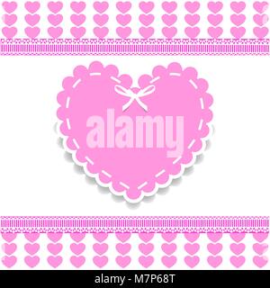 Valentine's, love wedding or baby girl shower template with space for text and wrapped heart stamp with lacing and ribbon on pink and white striped he Stock Vector