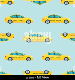 Seamless pattern with machine yellow cab on white background. Public taxi service concept.  Flat vector illustration. Stock Vector