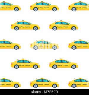 Seamless pattern with machine yellow cab on white background. Public taxi service concept.  Flat vector illustration. Stock Vector