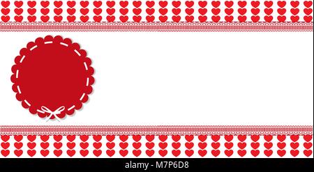 Festive template with round wavy sticker, space for text and ribbon on striped hearts red and white background framed with lace. Vector illustration,  Stock Vector