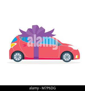 Poster with red machine and ribbon. Car gift concept or presentation of  auto for sale, rent,. Flat vector illustration. Stock Vector
