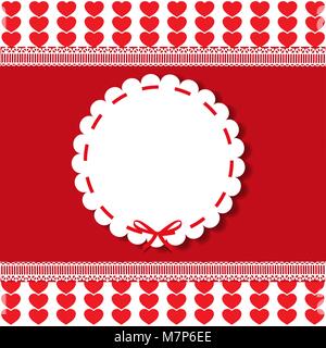 Holiday round vintage template with lacy sticker, space for text and ribbon on red and white hearts background.  Christmas, new year, valentines day,  Stock Vector