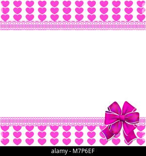 Cute elegant template with pink lined hearts pattern, space for text and bow on white background. Vector border, frame, banner, poster for valentines  Stock Vector