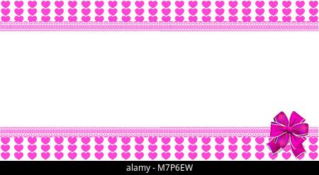 Cute horizontal template with pink striped hearts pattern, space for text wrapped with big ribbon in the corner. Vector border, frame, banner, poster  Stock Vector