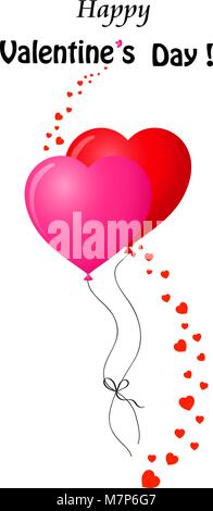 Happy valentine's day greeting card with couple of red and pink heart shaped helium balloons bounded together, vertical confetti wave made of little h Stock Vector