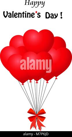 Happy Valentine's day greeting card with bunch of red heart shaped balloons wrapped with festive ribbon flying for party and celebrations on white bac Stock Vector