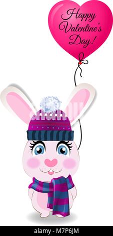 Valentines  greeting card with cute cartoon rabbit in violet knitted hat, scarf and mittens holding pink heart shaped balloon with text happy valentin Stock Vector