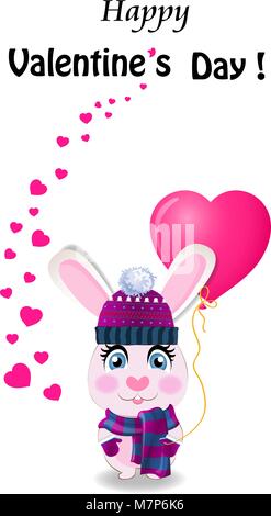 Valentine's day greeting card with cute cartoon rabbit in violet knitted hat, scarf and mittens holding pink heart shaped balloon and many little hear Stock Vector