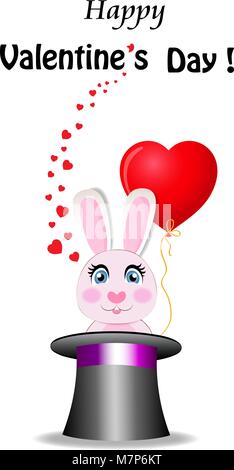 Valentine's day greeting card with cute bunny holds red heart shaped balloon in magic hat with many hearts around. Rabbit appears from hat on white ba Stock Vector