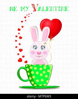 Be my Valentine greeting post card with cute cartoon bunny holding red heart balloon, sitting in green cup with yellow polka dots and hearts confetti  Stock Vector