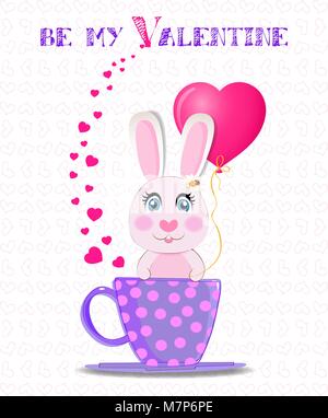 Greeting card with cute cartoon rabbit holding pink heart balloon, sitting in violet cup with polka dots with hearts confetti around and text be my va Stock Vector