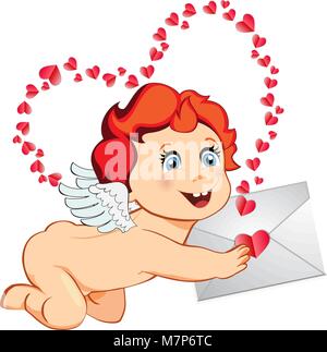 Cute cartoon baby Cupid, angel, amour with white wings holding love letter isolated on white background with many red hearts around. Character for Val Stock Vector