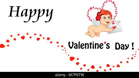 Happy Velrntines day template  with cartoon baby Cupid, angel, amour character holding love letter and space for text on white background with many he Stock Vector