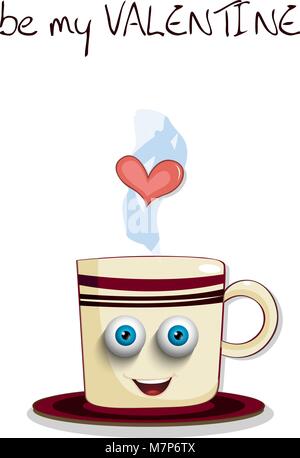 Be my valentine card with cute steaming brown cup with striped  pattern, smilling face and heart. Vector illustration, clip art, greeting card, invita Stock Vector