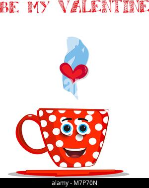 Be my valentine card with cute red steaming  cartoon cup with white polka dots pattern and smiling face. Vector illustration, love clip art, greeting  Stock Vector