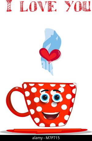 I love you card with cute steaming red  cup with white polka dots pattern, smilling face and heart. Vector illustration, love clip art, greeting card, Stock Vector