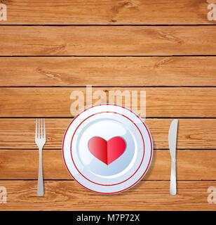 Romantic love dinner. Red heart shape on a plate with knife and fork on wooden table surface. Vector illustration, greeting card, template with space  Stock Vector