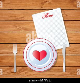 Vector illustration of heart on white plate with fork and knife on wooden table surface  background and sheet with title menu and space for text. Vale Stock Vector