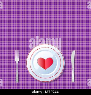 Romantic dinner. Red heart shape on a plate with knife and fork on chequered violet tablecloth background. Vector illustration, card, template with sp Stock Vector