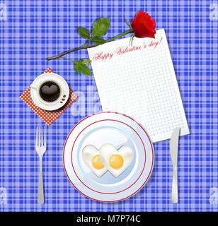 Valentine's day breakfast. Heart shaped crambled eggs on white plate and cup of coffee with heart on blue checkered tablecloth background with red ros Stock Vector