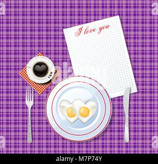 Top view vector illustration of heart shaped scrambled eggs on white plate and cup of coffee with heart on lilac chequered tablecloth background and s Stock Vector