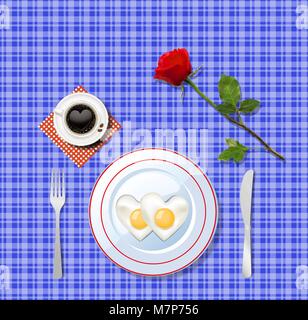 Love breakfast. Heart shaped fried eggs on white plate and cup of coffee with heart on blue  chequered tablecloth background with red rose. Valentine' Stock Vector