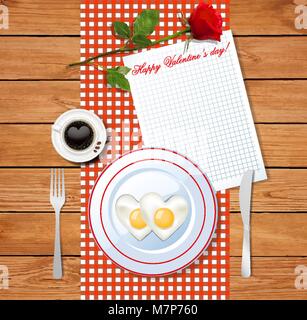 Valentine's day breakfast. Heart shaped omelet on white plate and cup of coffee with heart on red and white chequered tablecloth background with red r Stock Vector