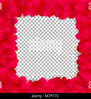 Love Valentines or wedding elegant frame made of red hearts isolated on transparent background. Vector illustration, love border, frame, template for  Stock Vector