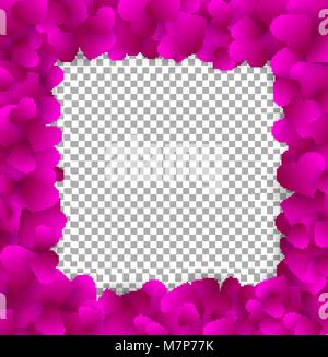 Square elegant frame made of cute pink paper hearts, isolated on transparent background, Valentines day or wedding concept. Vector illustration, templ Stock Vector