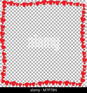Love wavy frame made of cartoon red different sized hearts isolated on transparent background with copy space in centre. Cute Valentines vector frame, Stock Vector