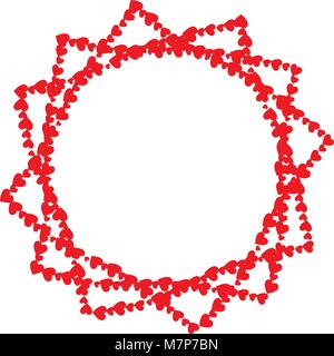 Star shaped frame with twelve rays made of different sized cartoon hearts isolated on white background with round copy space in centre. Vector border  Stock Vector