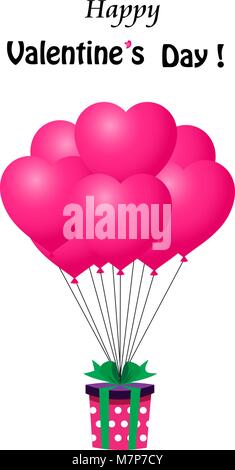 Happy  Valentine's day cartoon greeting card with  gift wrapped with green ribbon flying on heart shaped pink bunch of helium balloons. Cute greeting  Stock Vector